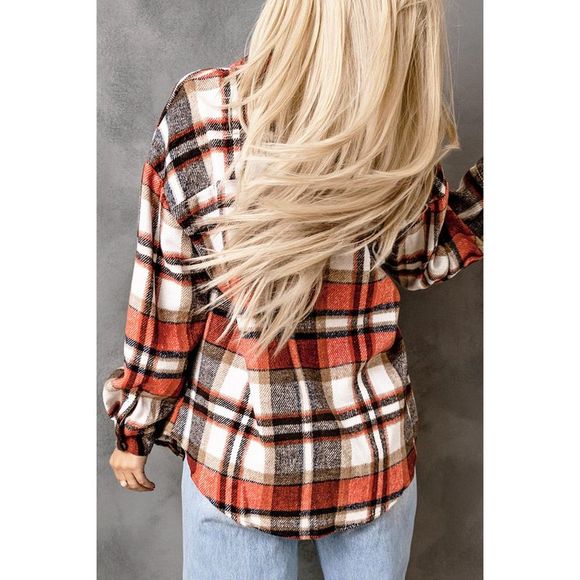 Azura Exchange  Orange Chest Pockets Flannel Plaid Shacket - Picture 2 of 15